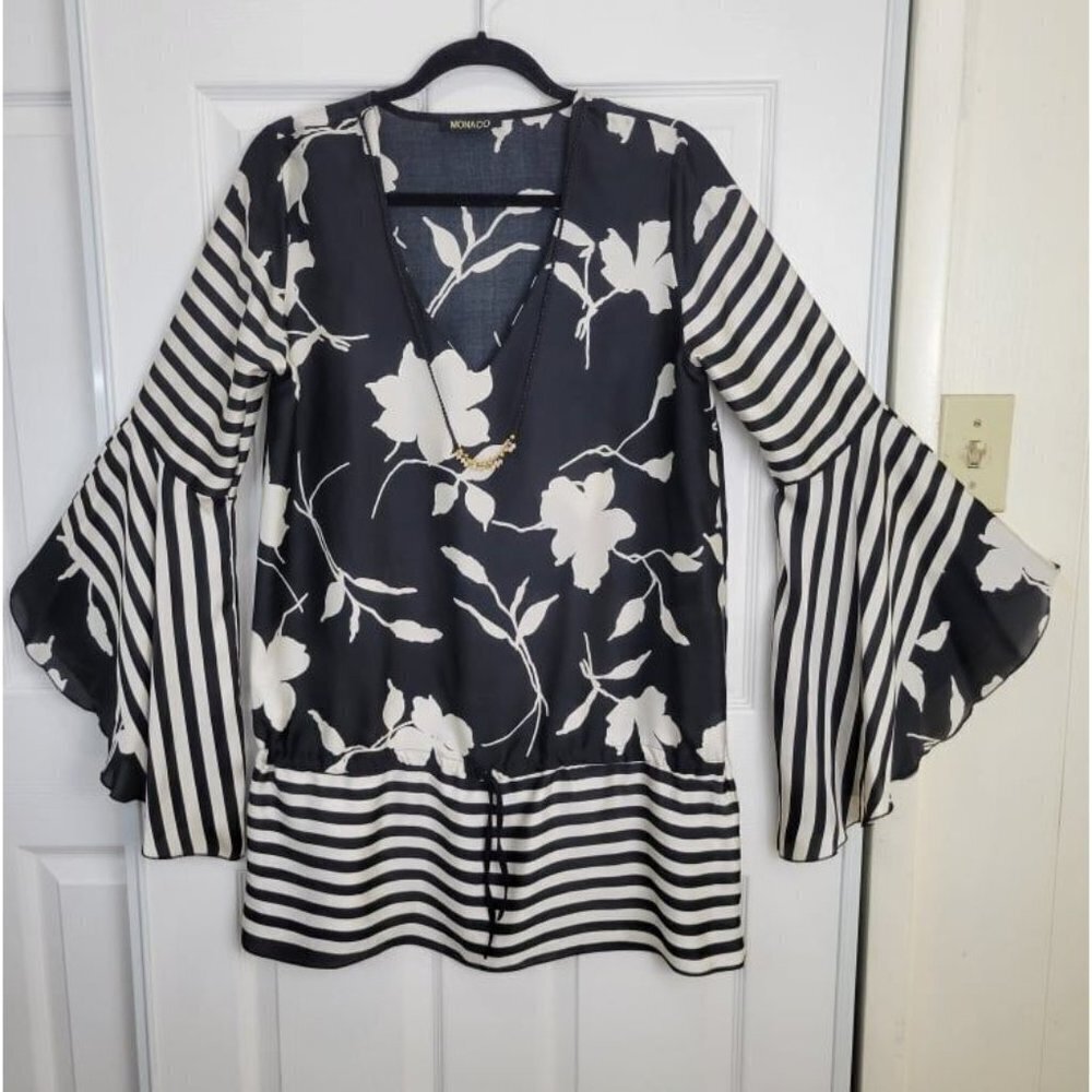 MONACO Women's Black Floral Bell Sleeves Drop Waist Tunic Mini Dress OS